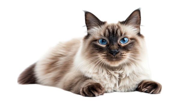 Blue-eyed siamese cat lying down against transparent background