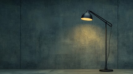 A black floor lamp with a curved arm and a yellow light bulb.