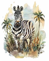 Beautiful zebra standing amidst tropical vegetation and majestic palm trees, rendered in watercolor with serene, elegant composition