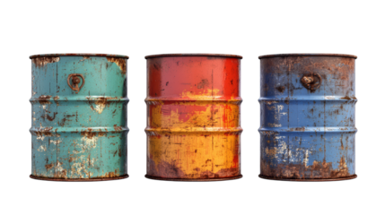 Three weathered metal barrels in a row with rust and peeling paint