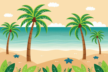 Flat Vector Illustration of Summer Tropical Beach with Palms.