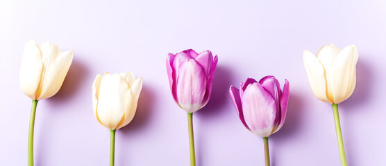Fototapeta premium Flower banner with elegant white and purple tulips in row on soft lilac background. Concept of spring beauty, floral backgrounds, romantic decor, seasonal freshness, and delicate botanical aesthetics