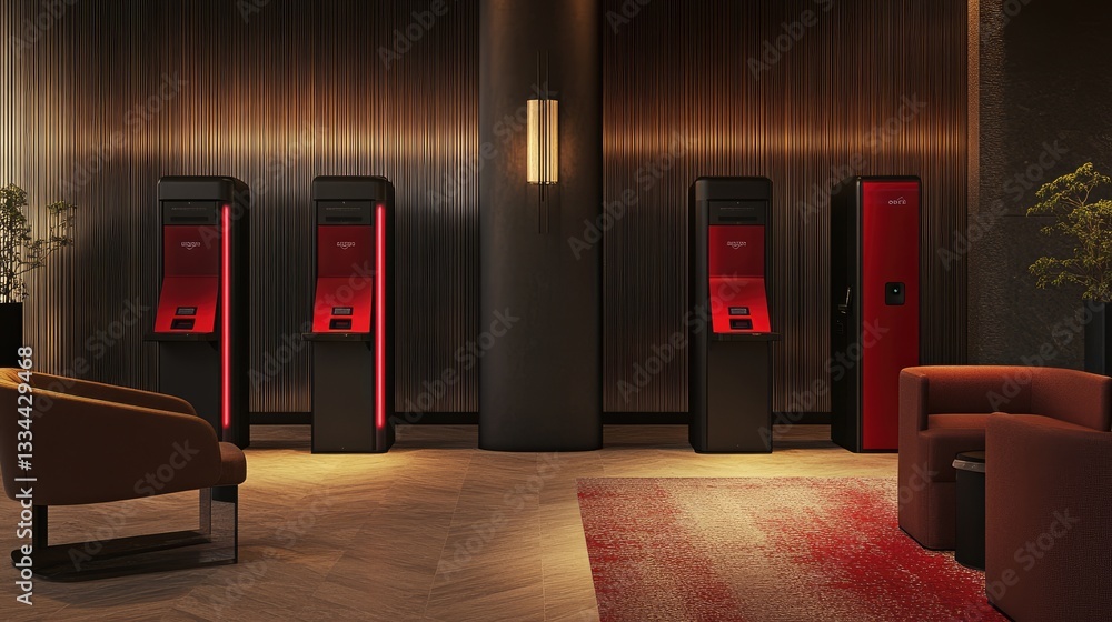 Poster hotel express check-out service on a modern self-service kiosk with a digital interface.