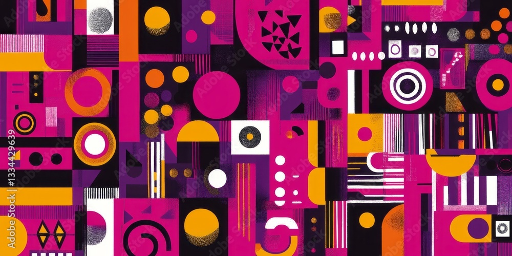Poster geometric shapes are arranged in abstract composition of pinks and oranges
