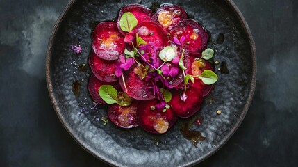 Delicious luxury beetroot carpaccio dish on a plate with fresh ingredients and clean lines