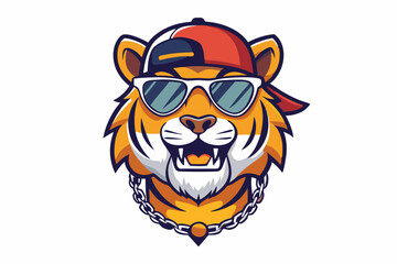 Naklejka premium funny tiger head with summer sunglasses and chain