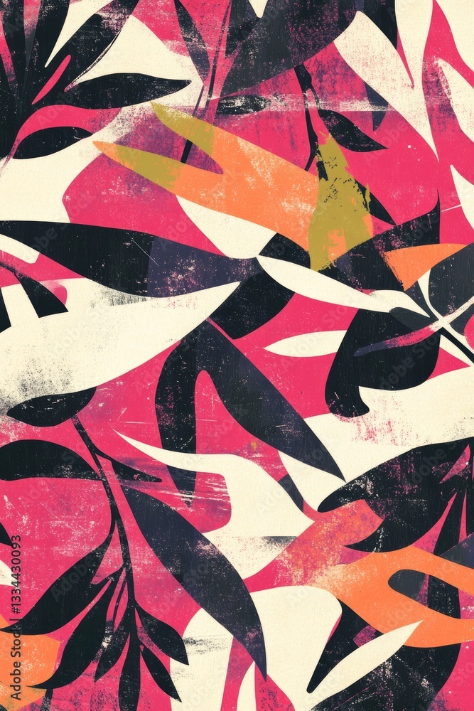 Poster bold and vibrant abstract foliage composition with textured layers, featuring botanical shapes and e