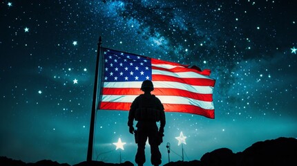 Obraz premium Silhouette Soldier American Flag Night Sky Stars