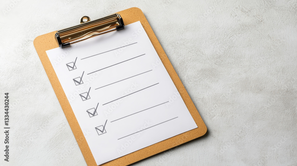 Poster clean and minimalist flat lay of clipboard with checkboxes, symbolizing organization and productivit