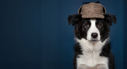 Border Collie dog wearing a hat against a blue background
