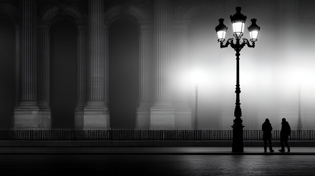 People walking by a vintage street light near columns in a foggy urban environment