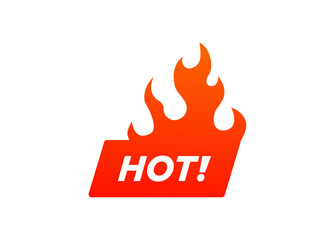 Orange flame icon with the word hot in bold, representing heat and high temperatures in design.