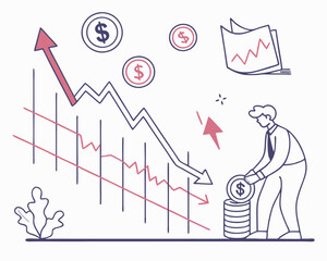 Stock Market Chart with Decline and Investment Concept. Vector illustration showing a stock market graph with falling and rising arrows, dollar coins, financial charts.