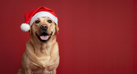 Smiling Labrador dog wearing Santa hat against red background