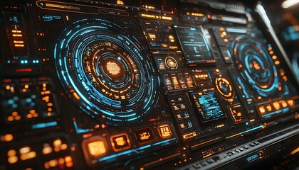 A futuristic control panel displays data in bright orange and blue