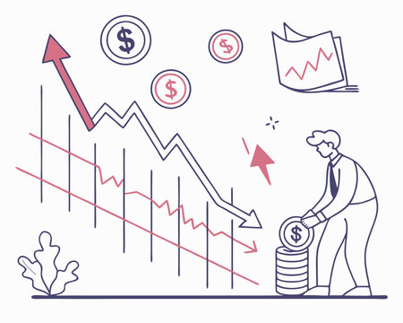 Stock Market Chart with Decline and Investment Concept. Vector illustration showing a stock market graph with falling and rising arrows, dollar coins, financial charts.