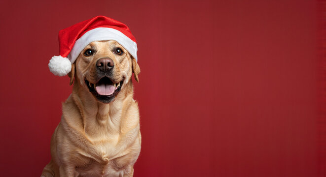 Smiling Labrador dog wearing Santa hat against red background