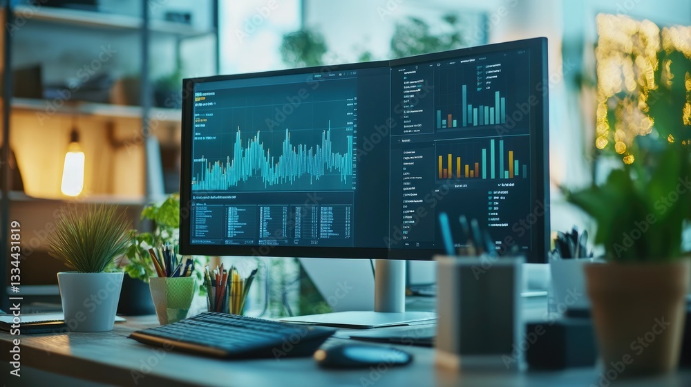 Poster hotel management office with a digital dashboard showing performance metrics.