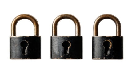 Three old rusty black padlocks in a row on transparent background