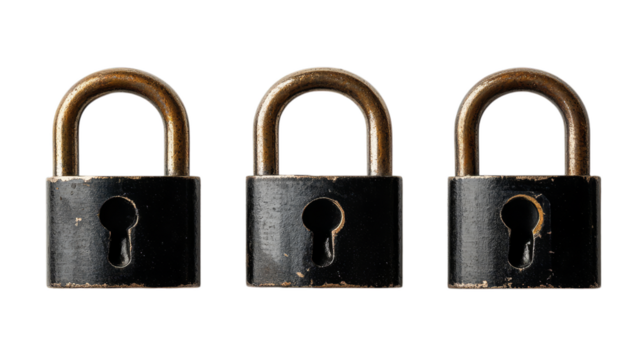 Three old rusty black padlocks in a row on transparent background