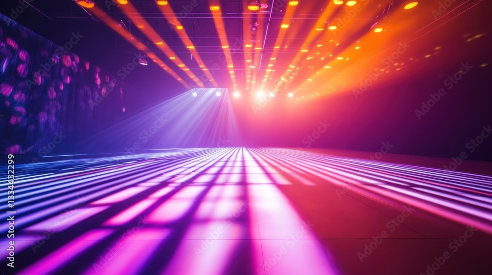 Poster vibrant stage lighting with geometric patterns for event or performance backdrop.