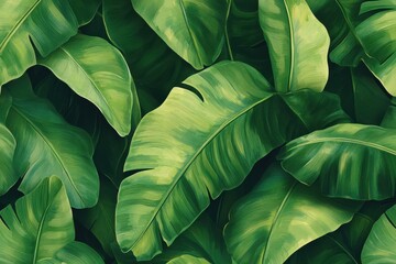 Lush Green Banana Leaves Tropical Foliage Nature Background,