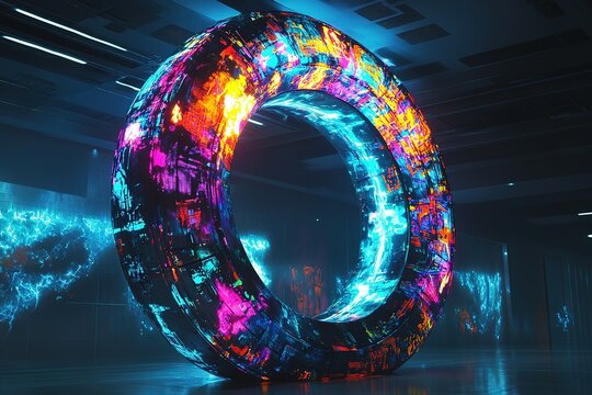 A neon space station built in the shape of a colossal ring, covered in vibrant graffiti-style alien markings, an artistic outpost for intergalactic travelers