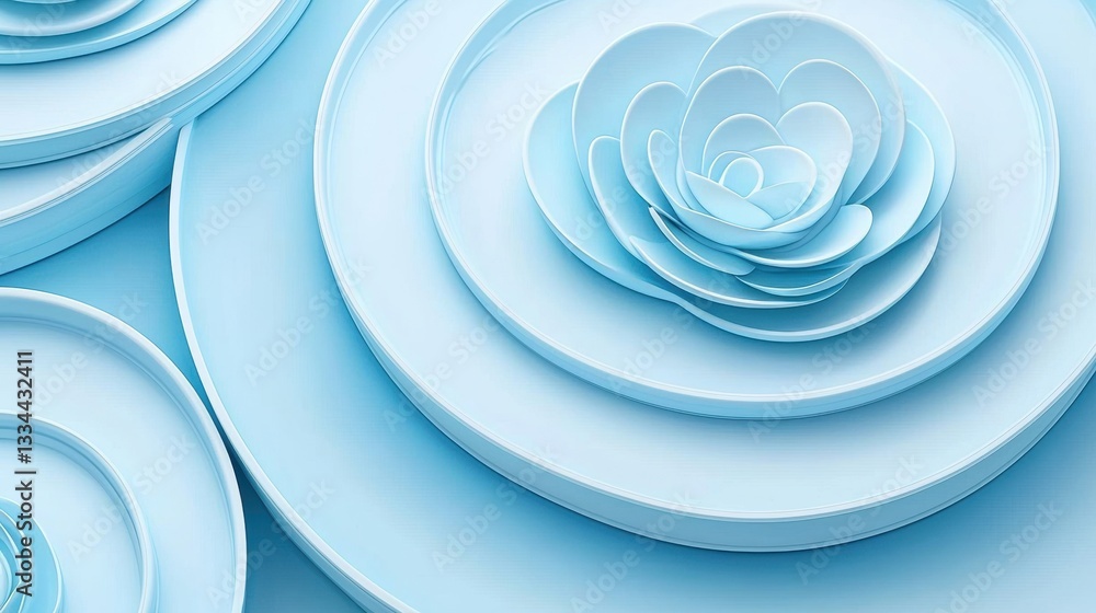 Poster a 3d rendering of a light blue flower with petals arranged in a circular pattern.