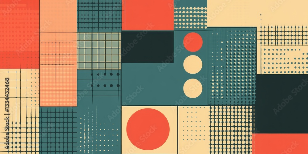 Poster abstract geometric pattern with circles squares and halftone dots