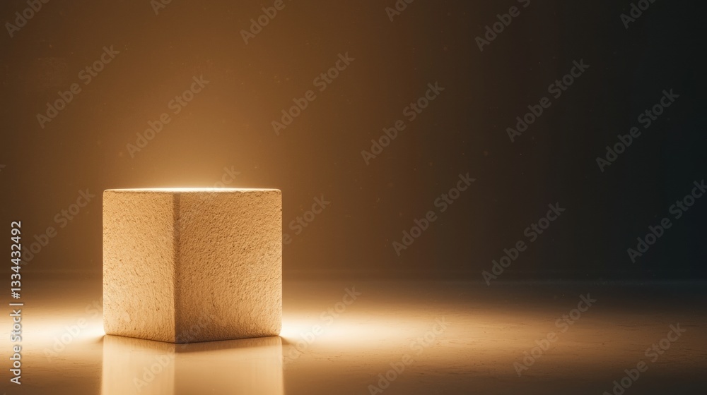 Poster a cube-shaped light source casting a warm glow on a dark background.