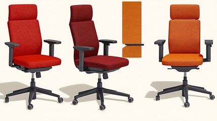 Three modern office chairs in red, burgundy, and orange.