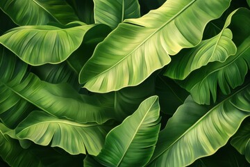 Obraz premium Lush Green Banana Leaves Tropical Foliage Nature Background,