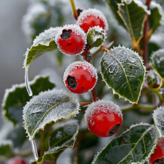 Obraz premium Frost-Kissed Holly Berries: Vivid red holly berries adorned with a delicate veil of frost sparkle, showcasing the serene beauty of winter's touch.