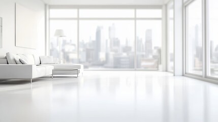 Fototapeta premium Bright and spacious minimalist living room interior bathed in natural light with a comfortable white sofa and blurred cityscape view through large windows