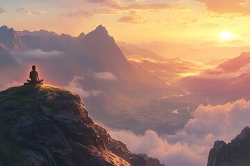 Naklejka premium A serene meditation scene, a person sitting cross-legged on a mountain peak at sunrise, mist rolling over the valleys below, a peaceful glow surrounding them