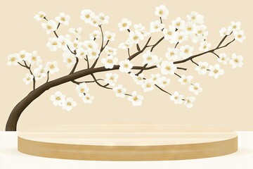 Elegant wooden platform with delicate cherry blossom branches