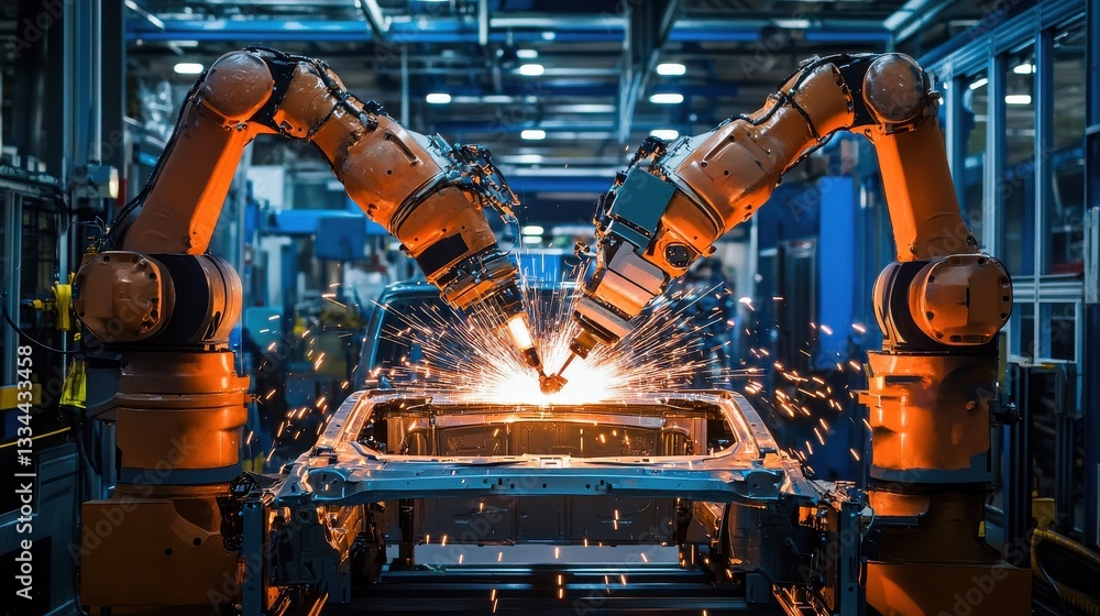 Poster advanced robotics in action: automated welding process with glowing seams and molten metal droplets 