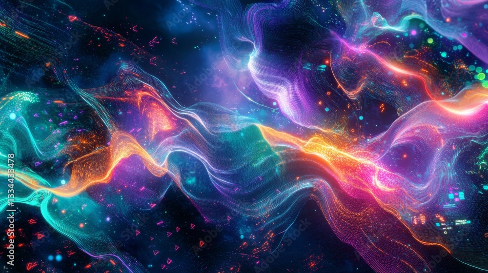 Poster cascading neon lines in a glowing digital cyberspace futuristic realm artistic visualization immersi