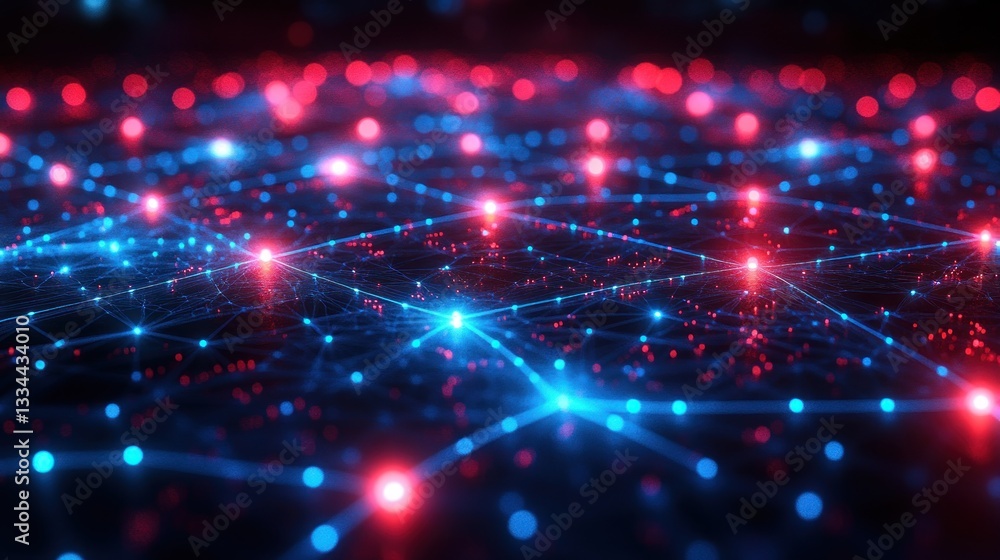 Poster digital network of red and blue lines and dots on dark background in cyberpunk style