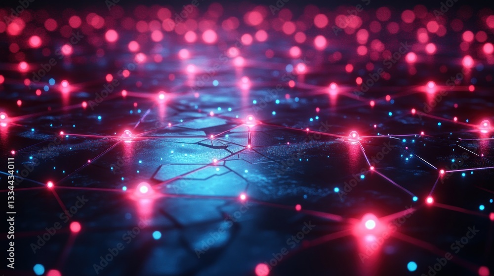 Poster futuristic digital grid of glowing red and blue nodes with neon lines on dark background