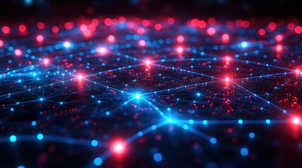 Fototapeta premium Digital Network of Red and Blue Lines and Dots on Dark Background in Cyberpunk Style