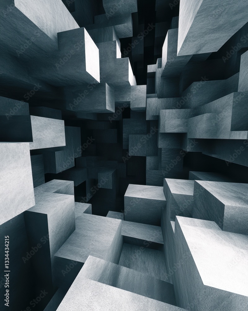 Poster abstract concrete cubes labyrinth with light and shadow, modern architecture background.