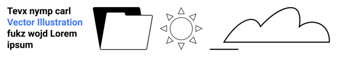 Open folder beside sun and cloud line art evokes ideas of digital storage, weather concepts, and organization. Ideal for cloud computing, eco themes, backup systems, environmental awareness, simple