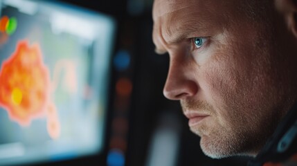 Fototapeta premium Focused astronaut analyzing data, male in a space station control room, intense expression, high-tech environment, vibrant screens.
