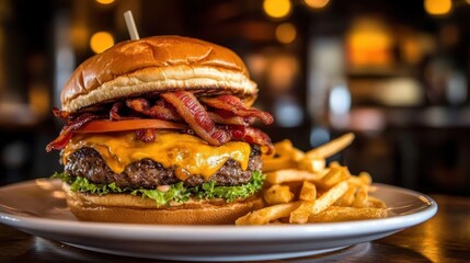 Juicy Cheeseburger with Bacon and Fries on Wooden Table
