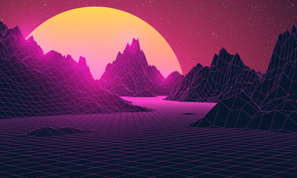 Retro background futuristic landscape 1980s style. Digital retro landscape cyber surface. Retro music album cover template: sun, space, mountains . 80s Retro Sci-Fi Background Summer Landscape.