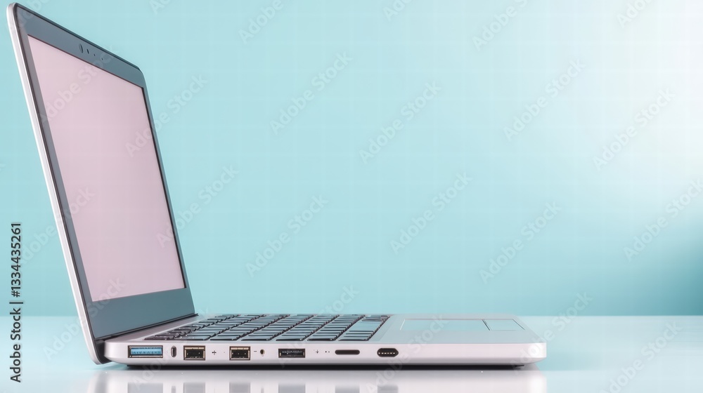 Poster a sleek laptop open on a table with a neat workspace perfect for productive work and creativity