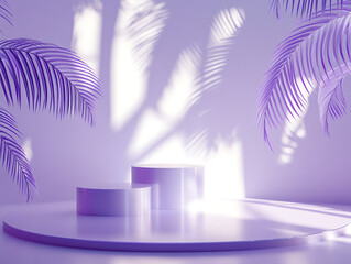 Modern setting with geometric shapes and soft purple shadows.