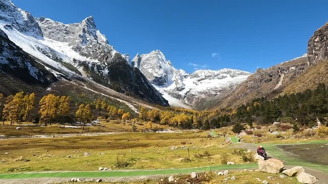 Landscape Bipenggou Valley - Yanziyanwo view point of  Yellow Tree and stream  with Snow Mountain  in Mount Bipenggou National Park in Xiaojin Sichuan Province China - Stable Footage Autumn 