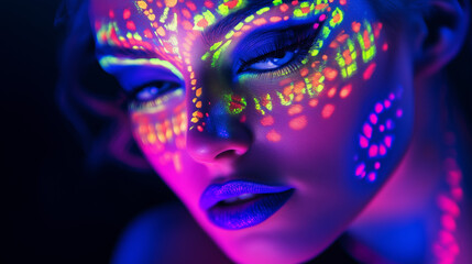 Woman with neon UV makeup and colorful face patterns, glowing softly; abstract artistry blending light and identity.